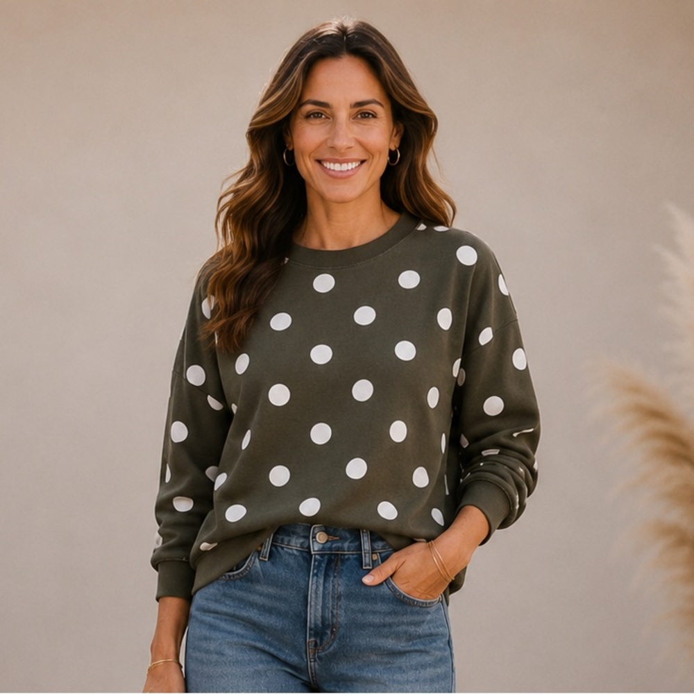 100% Cotton Olive Polka Dot Sweatshirt Talbots Size Mp